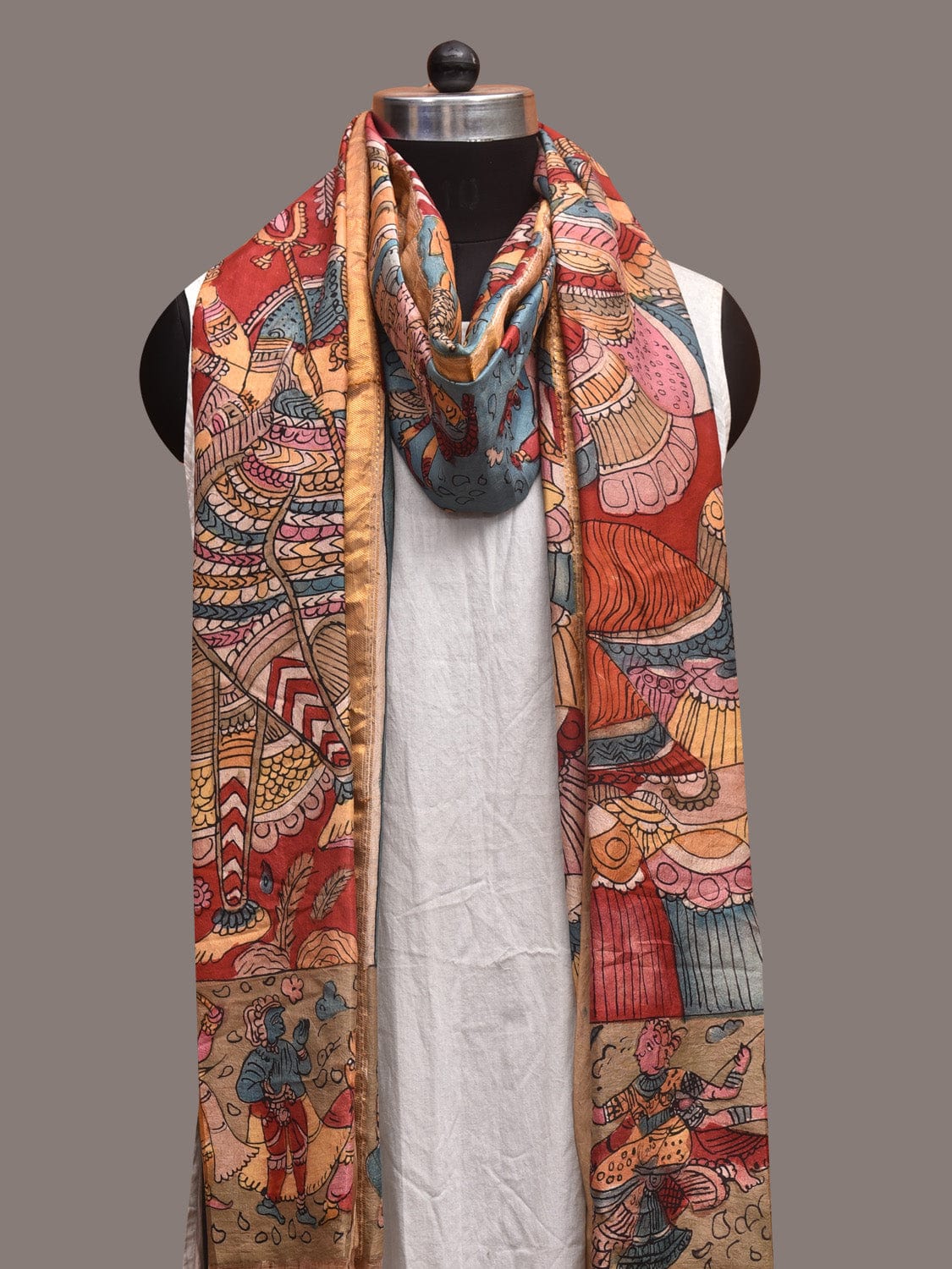 Red and Blue Kalamkari Hand Painted Kanchipuram Silk Handloom Dupatta with Durga Design ds3597