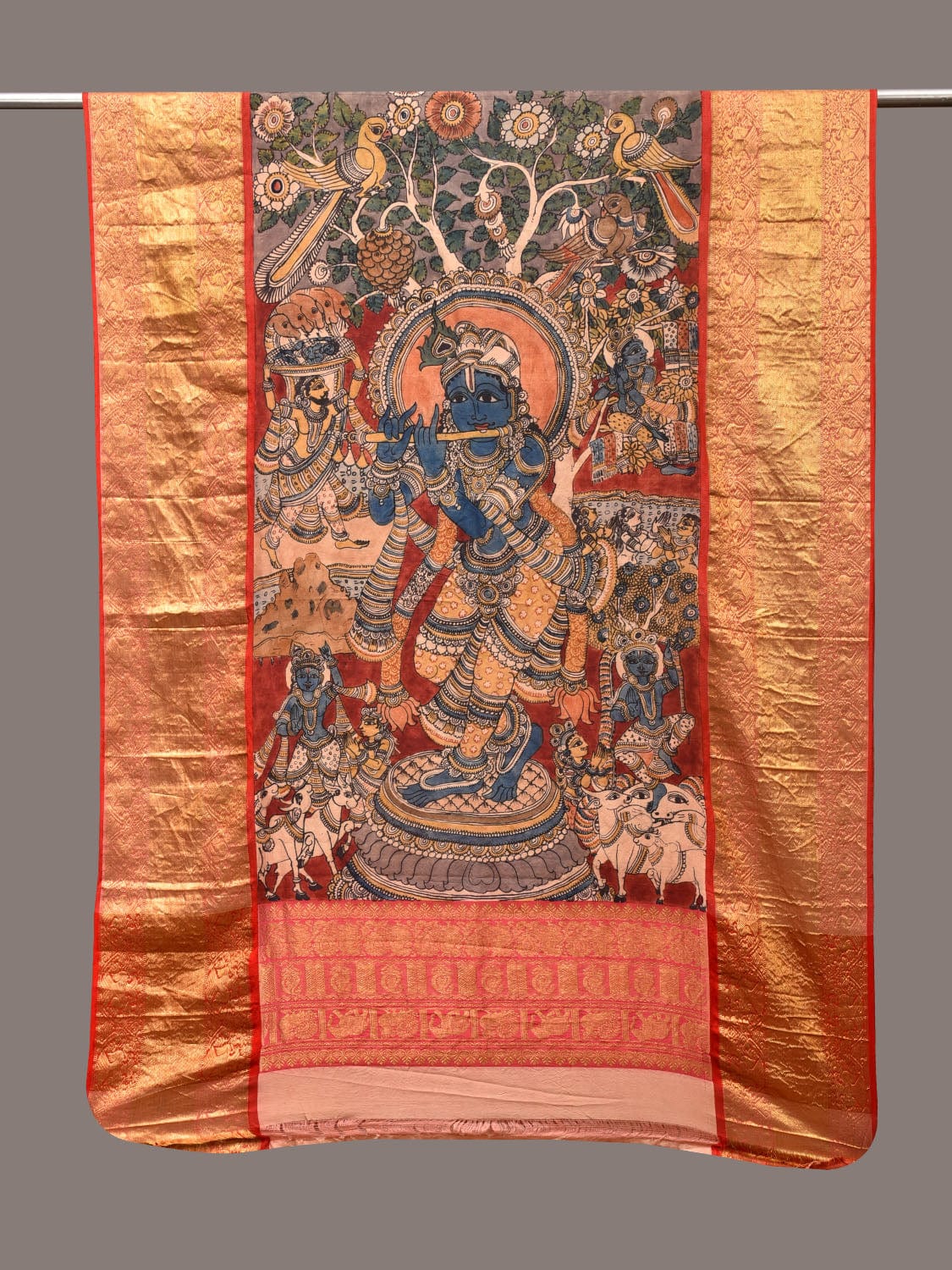 Red and Blue Kalamkari Hand Painted Kanchipuram Silk Handloom Dupatta with Krishna Design ds3494