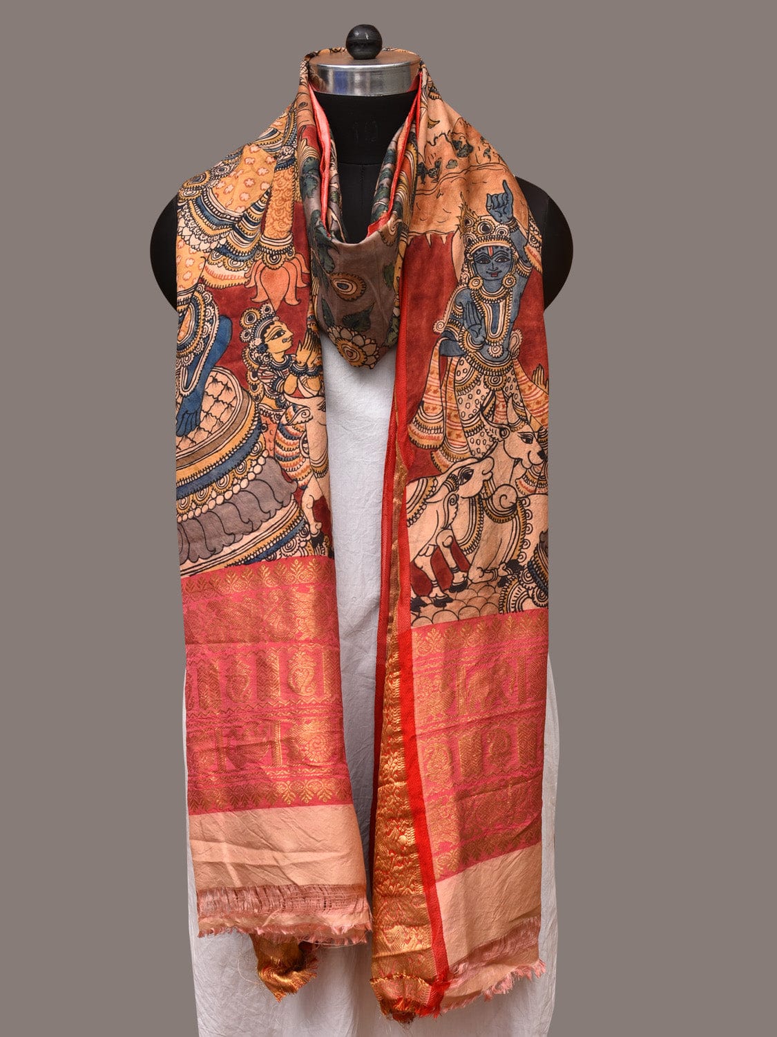 Red and Blue Kalamkari Hand Painted Kanchipuram Silk Handloom Dupatta with Krishna Design ds3494