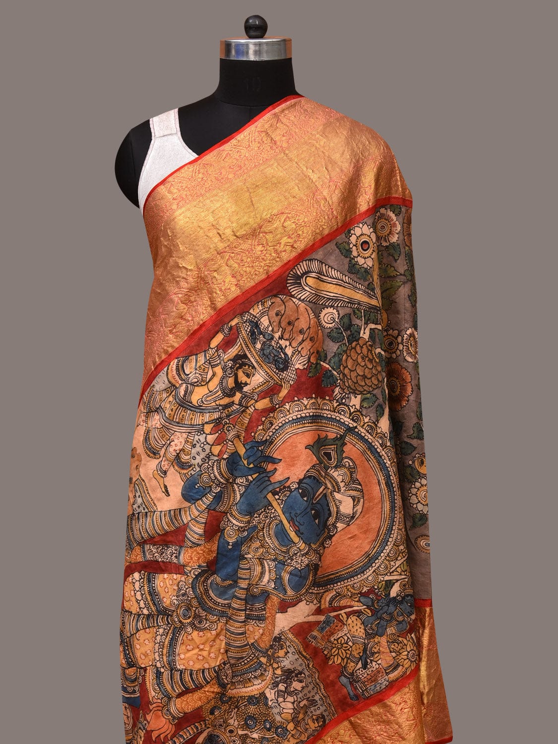 Red and Blue Kalamkari Hand Painted Kanchipuram Silk Handloom Dupatta with Krishna Design ds3494