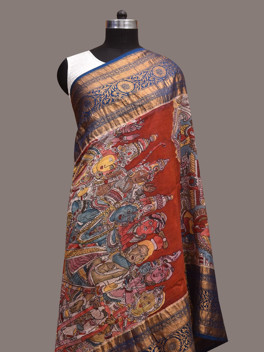 Red and Blue Kalamkari Hand Painted Kanchipuram Silk Handloom Dupatta with Ramayana Design ds03598