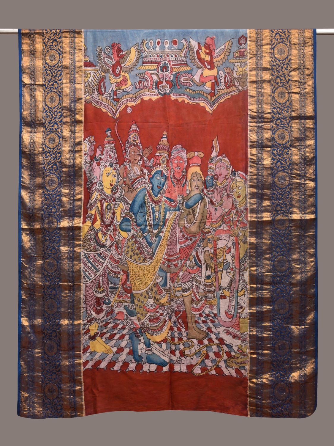 Red and Blue Kalamkari Hand Painted Kanchipuram Silk Handloom Dupatta with Ramayana Design ds03598
