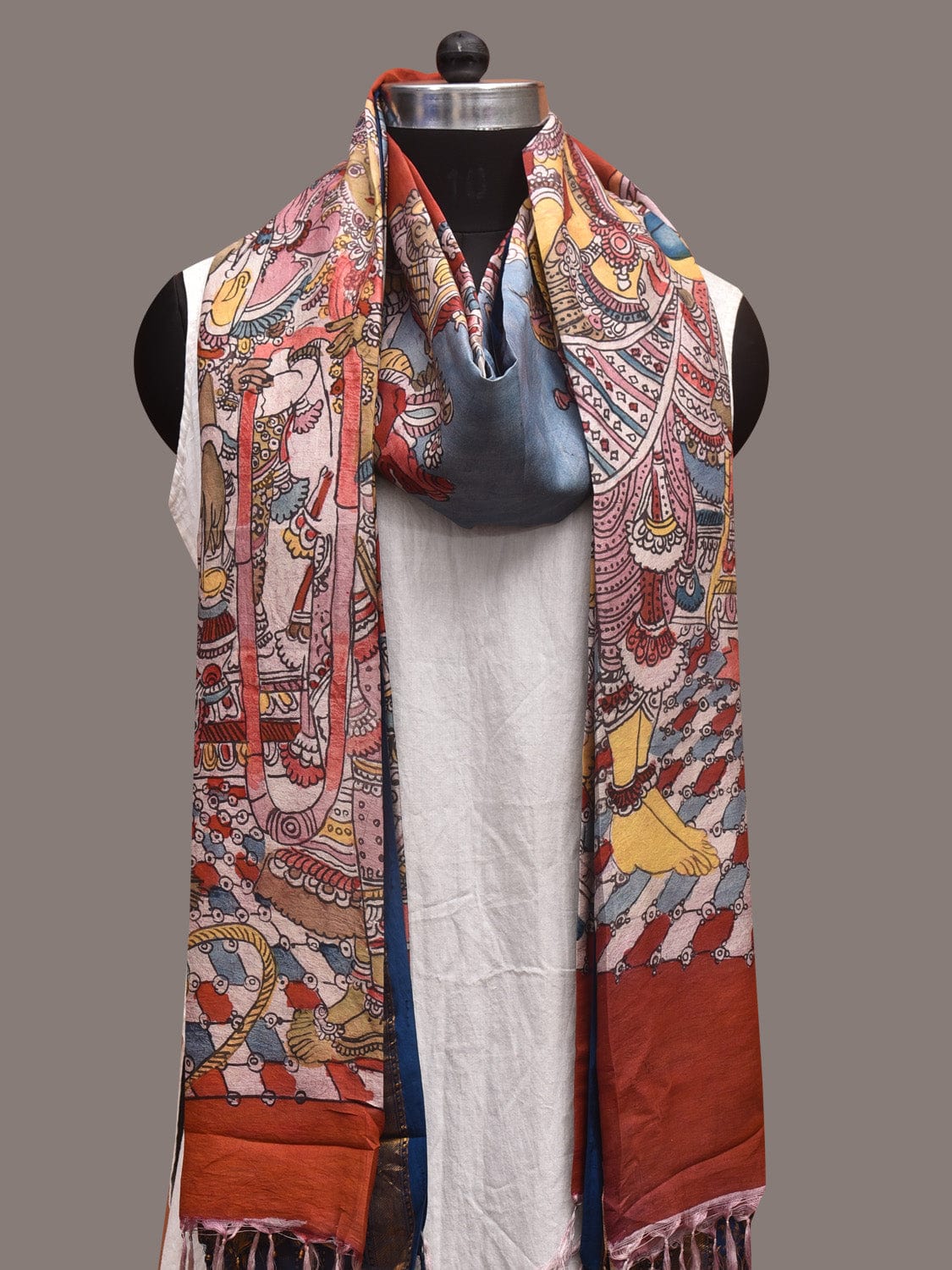 Red and Blue Kalamkari Hand Painted Kanchipuram Silk Handloom Dupatta with Ramayana Design ds03598