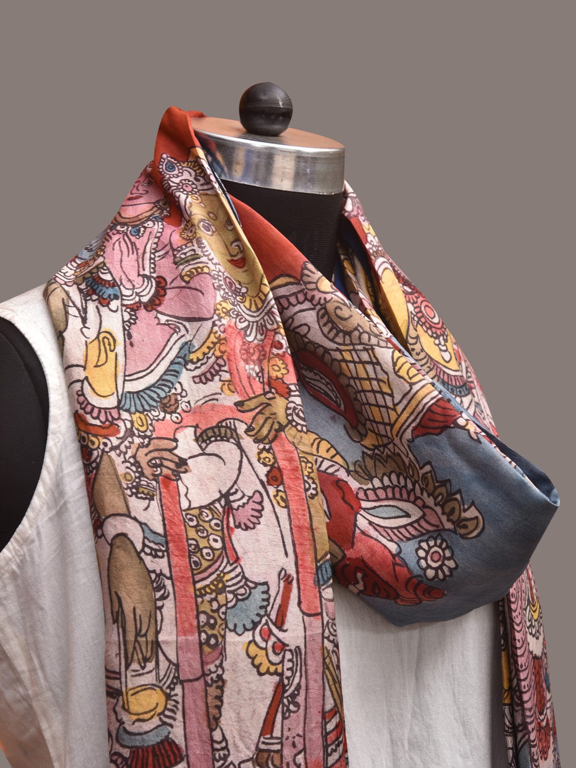 Red and Blue Kalamkari Hand Painted Kanchipuram Silk Handloom Dupatta with Ramayana Design ds03598