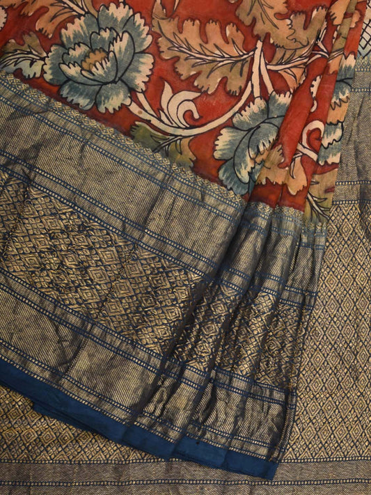 Red and Blue Kalamkari Hand Painted Kanchipuram Silk Handloom Saree with All Over Floral Design KL0571