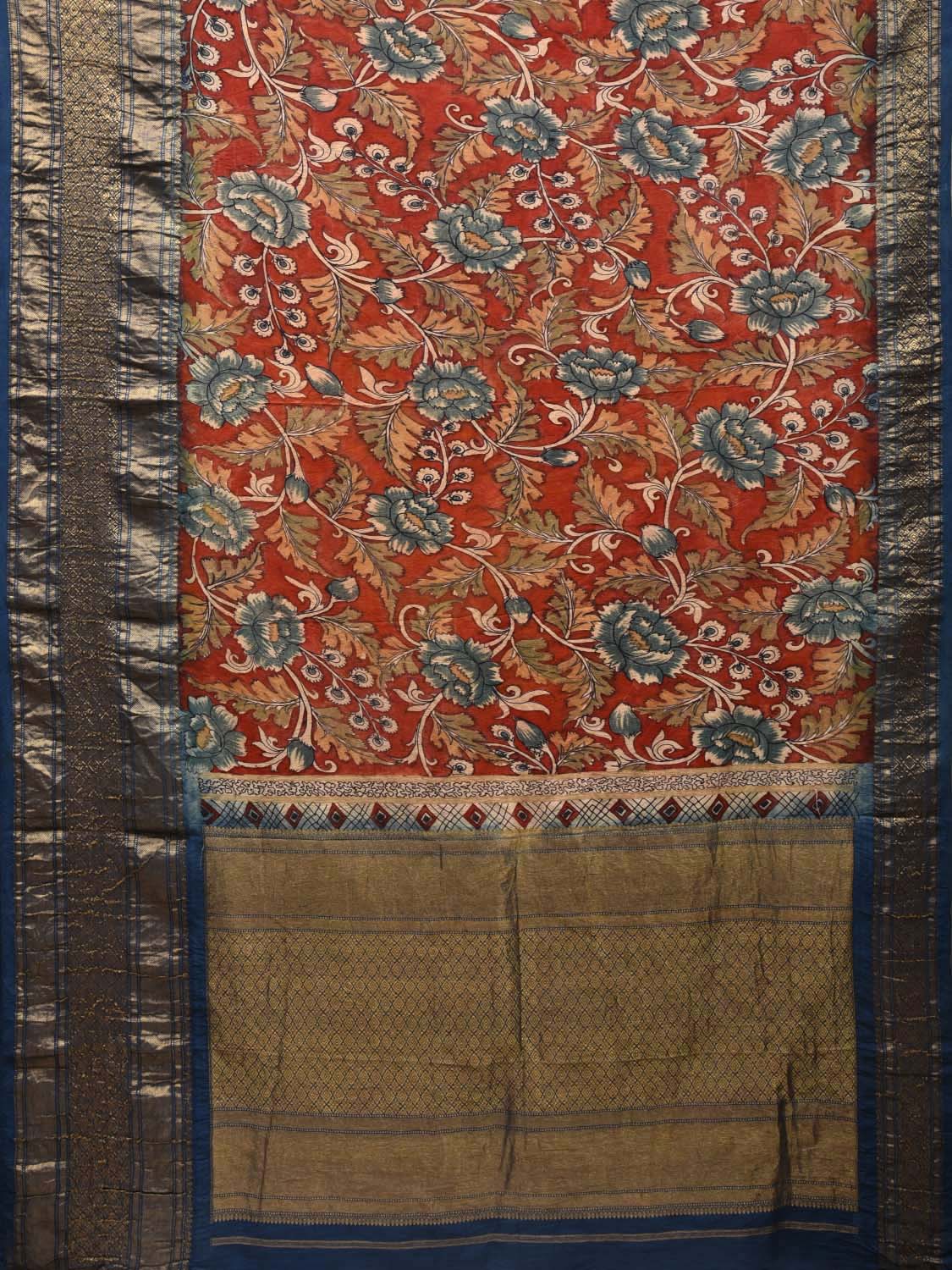 Red and Blue Kalamkari Hand Painted Kanchipuram Silk Handloom Saree with All Over Floral Design KL0571