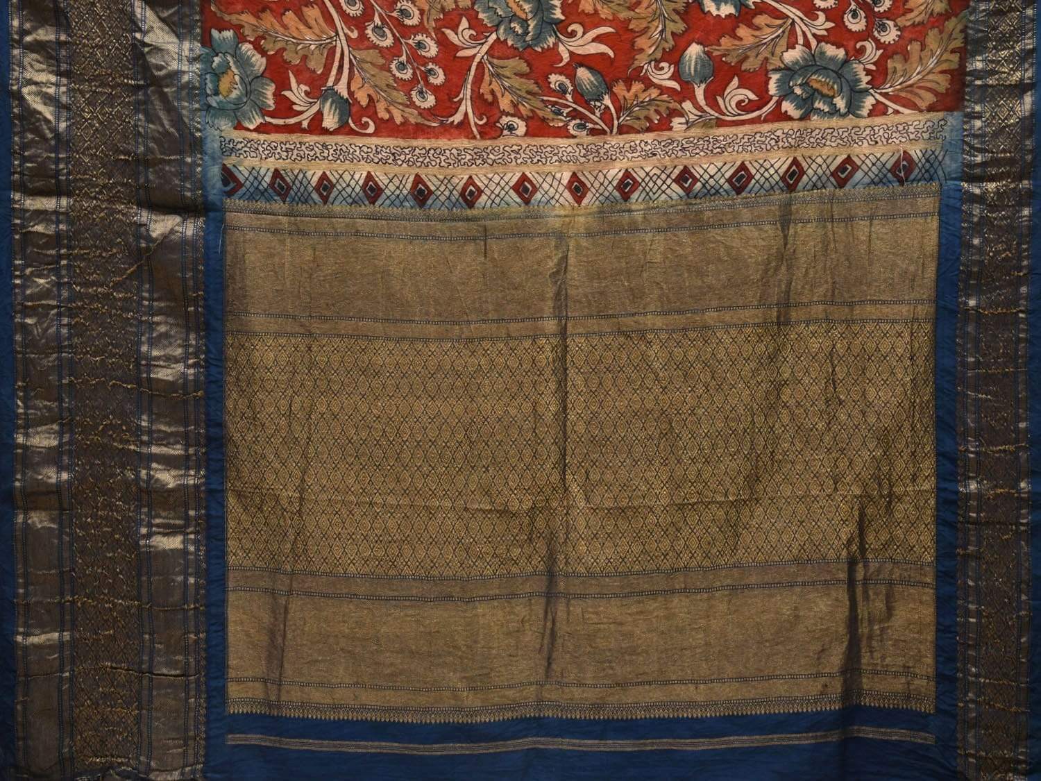 Red and Blue Kalamkari Hand Painted Kanchipuram Silk Handloom Saree with All Over Floral Design KL0571
