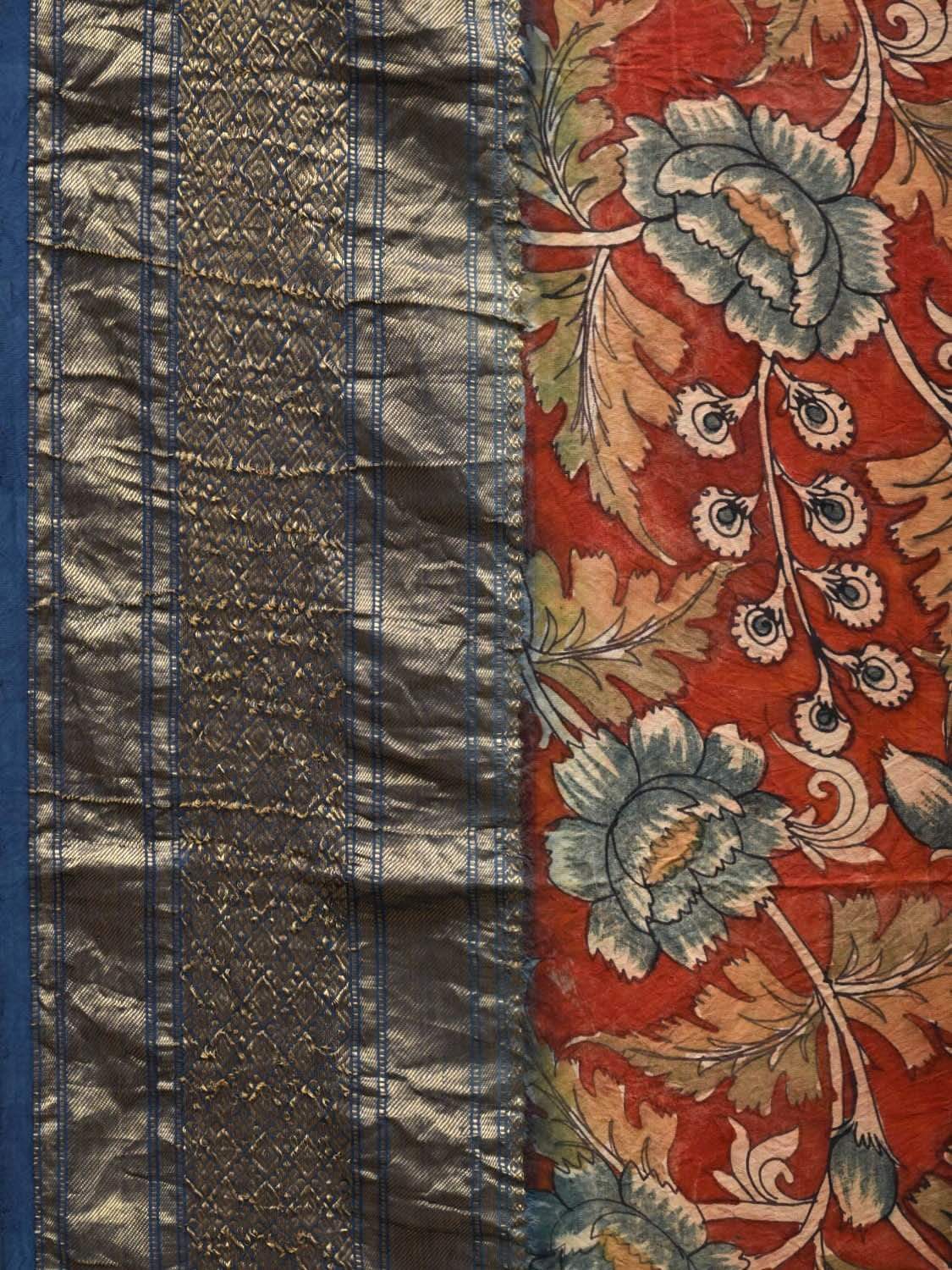 Red and Blue Kalamkari Hand Painted Kanchipuram Silk Handloom Saree with All Over Floral Design KL0571