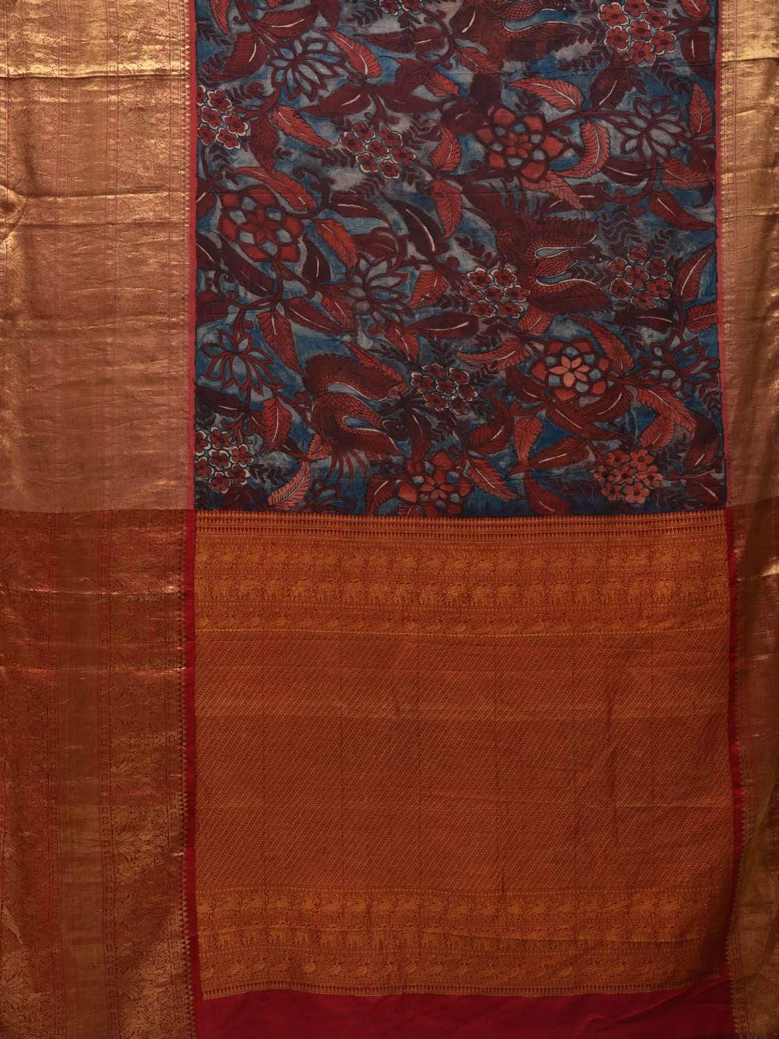 Red and Blue Kalamkari Hand Painted Kanchipuram Silk Handloom Saree with Birds and Floral Design KL0553