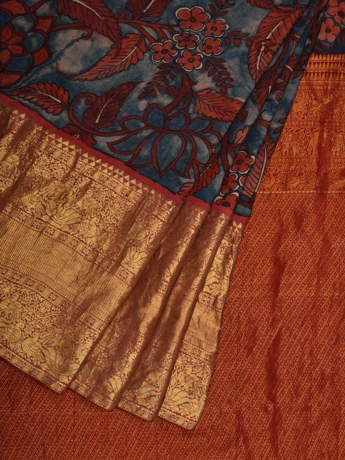 Red and Blue Kalamkari Hand Painted Kanchipuram Silk Handloom Saree with Birds and Floral Design KL0553