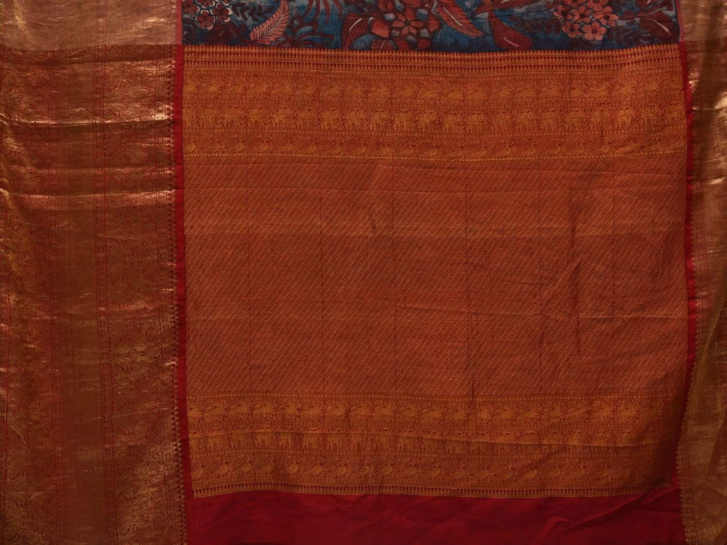 Red and Blue Kalamkari Hand Painted Kanchipuram Silk Handloom Saree with Birds and Floral Design KL0553
