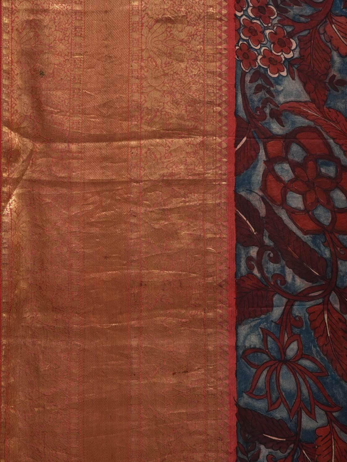 Red and Blue Kalamkari Hand Painted Kanchipuram Silk Handloom Saree with Birds and Floral Design KL0553