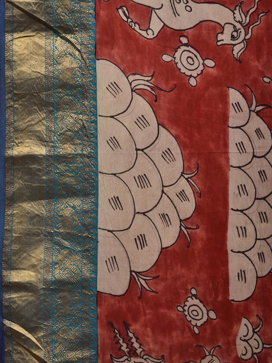 Red and Blue Kalamkari Hand Painted Kanchipuram Silk Handloom Saree with Deers and Pallu Design KL0618