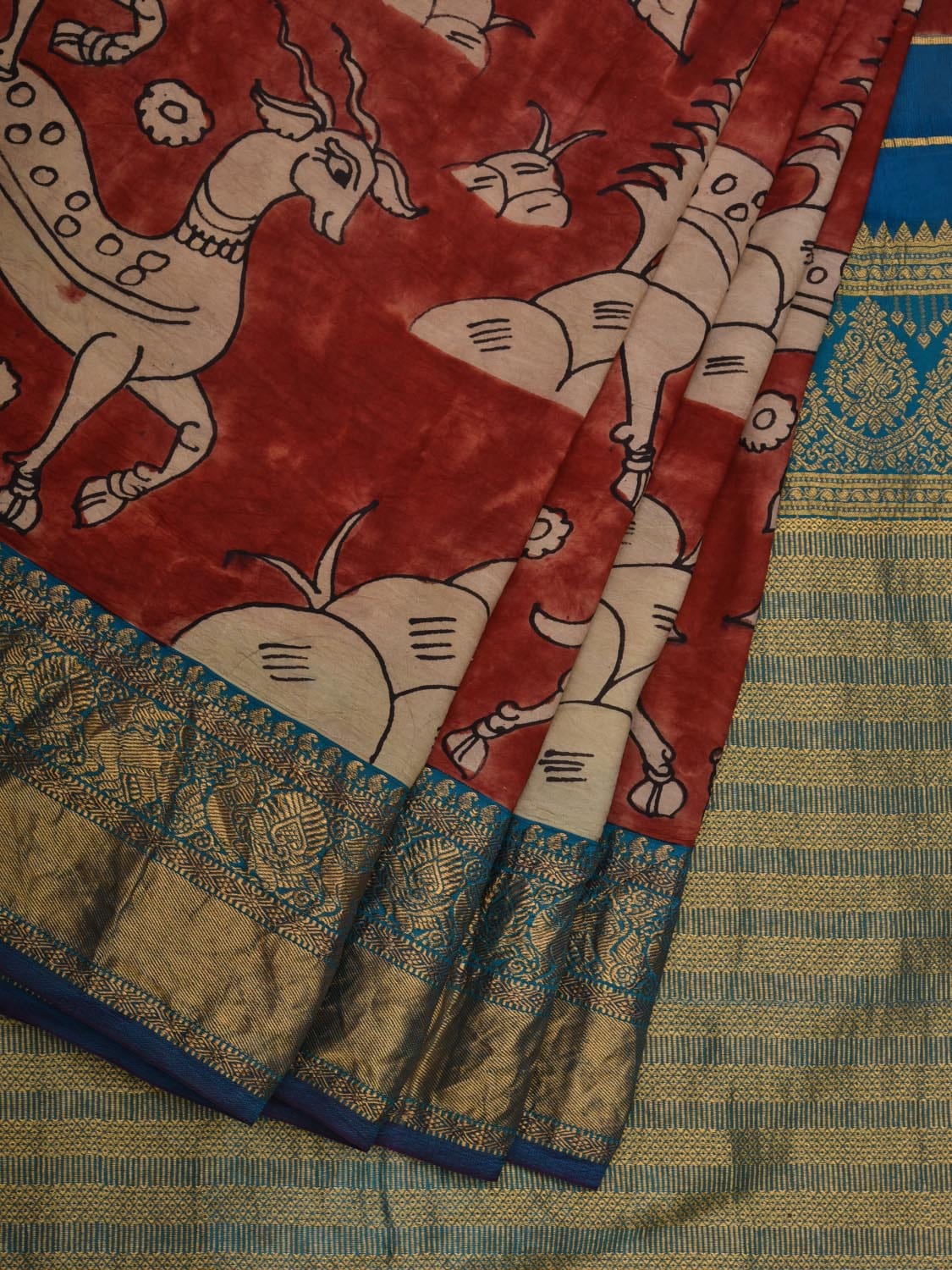 Red and Blue Kalamkari Hand Painted Kanchipuram Silk Handloom Saree with Deers and Pallu Design KL0618