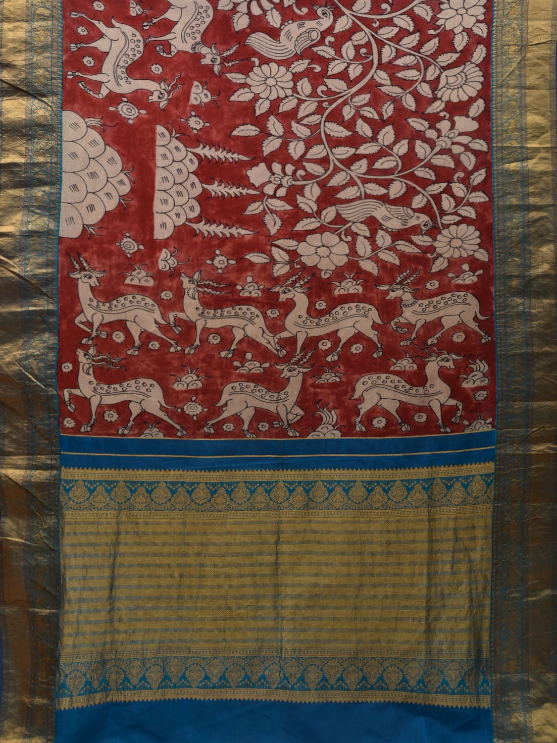 Red and Blue Kalamkari Hand Painted Kanchipuram Silk Handloom Saree with Deers and Pallu Design KL0618