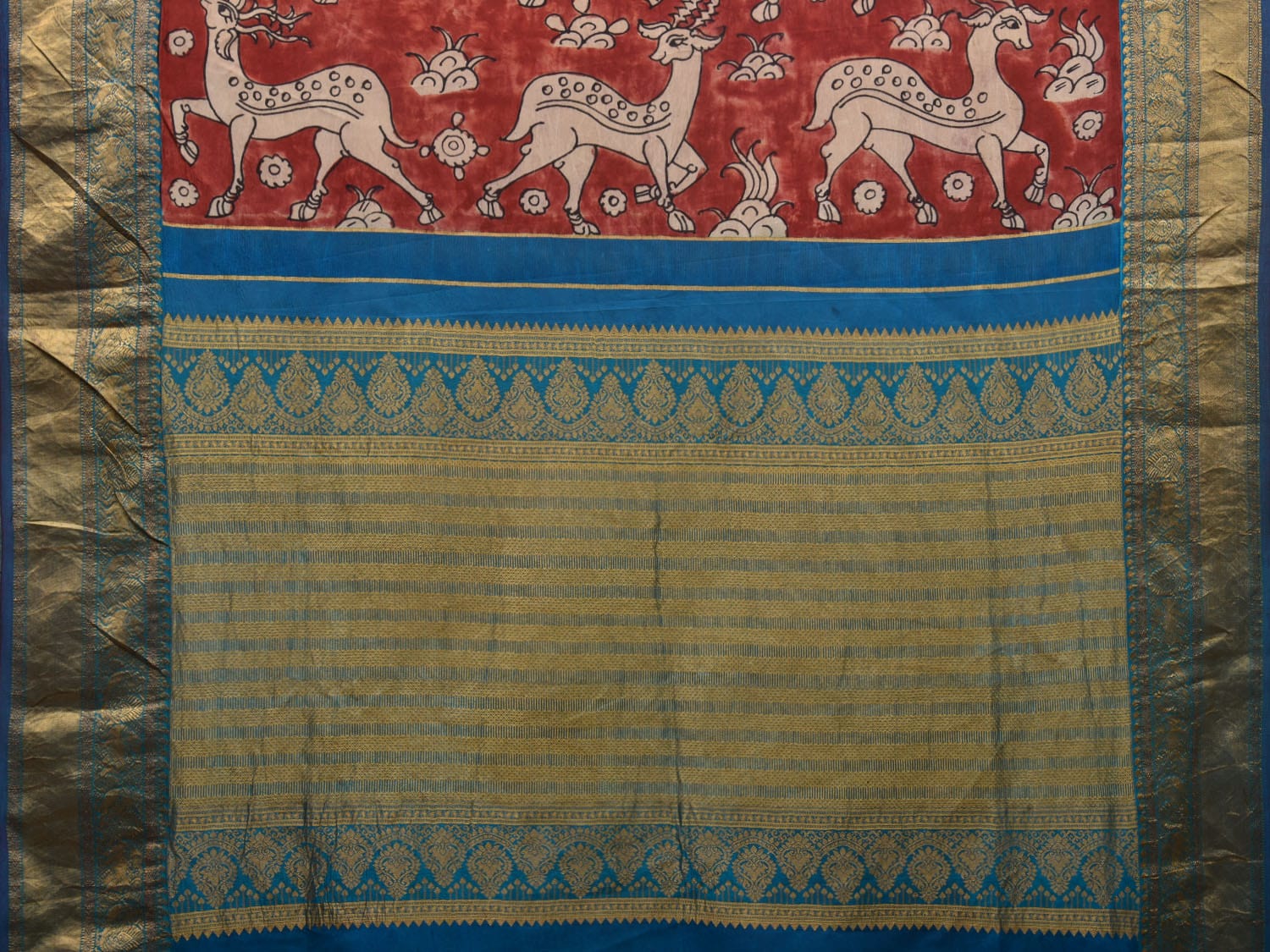 Red and Blue Kalamkari Hand Painted Kanchipuram Silk Handloom Saree with Deers and Pallu Design KL0618