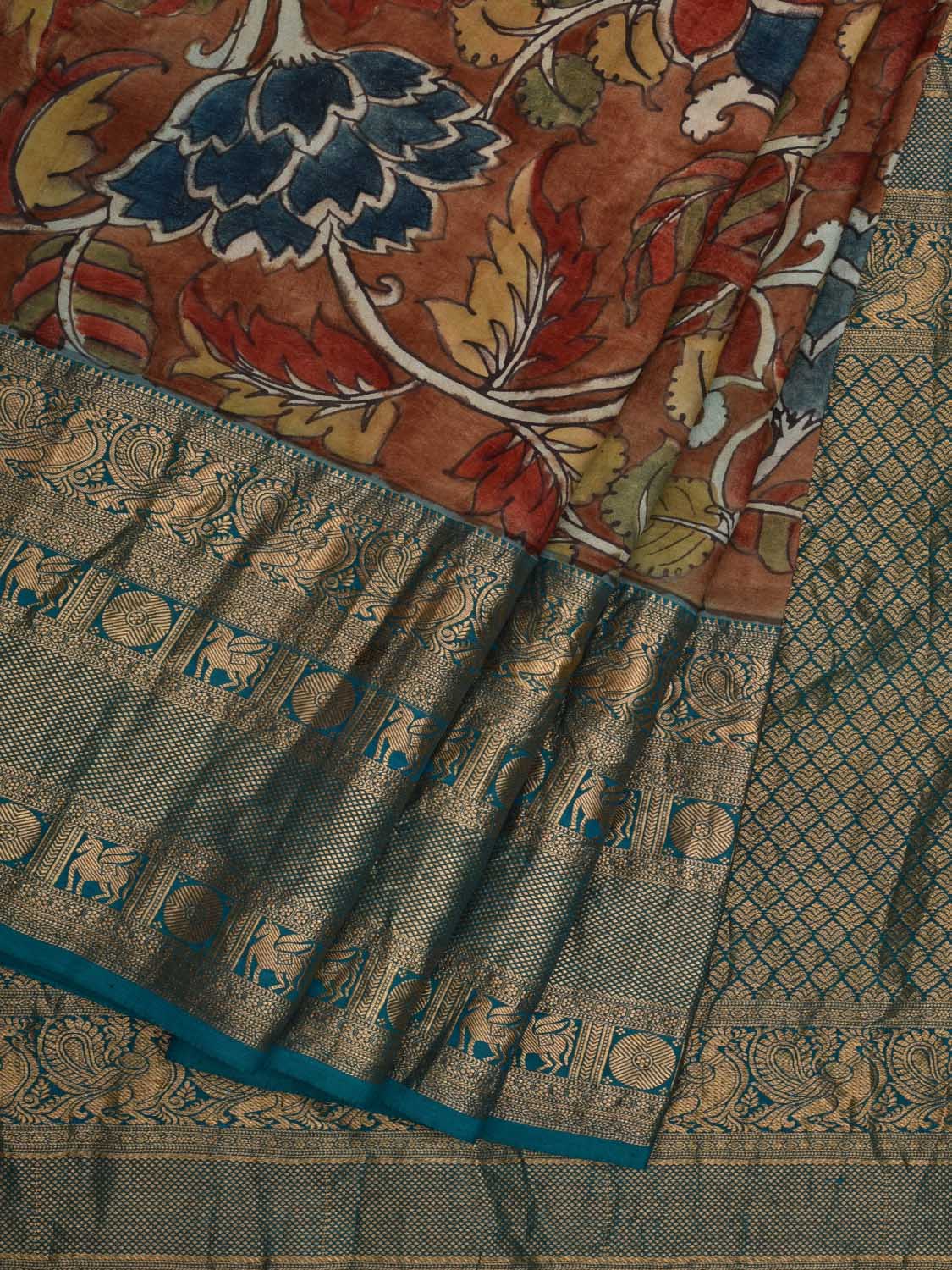Red and Blue Kalamkari Hand Painted Kanchipuram Silk Handloom Saree with Floral Design KL0640
