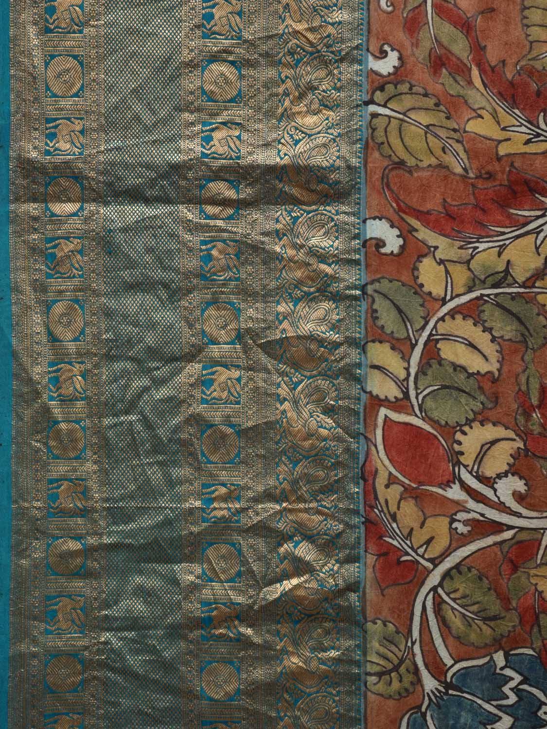 Red and Blue Kalamkari Hand Painted Kanchipuram Silk Handloom Saree with Floral Design KL0640