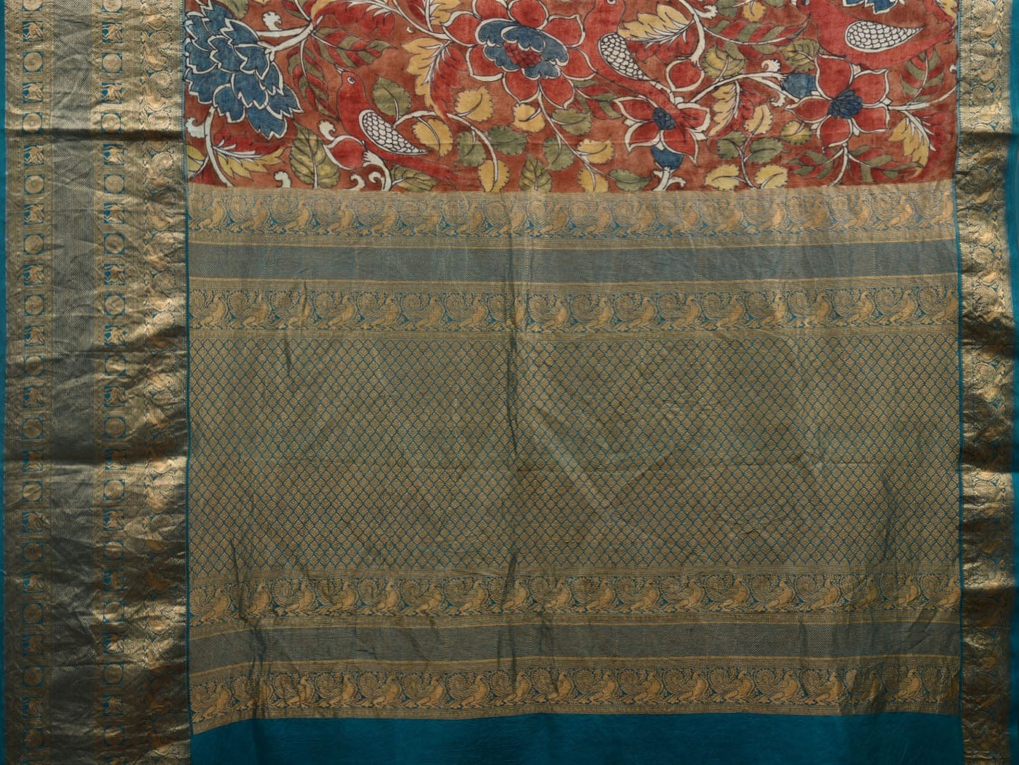 Red and Blue Kalamkari Hand Painted Kanchipuram Silk Handloom Saree with Floral Design KL0640