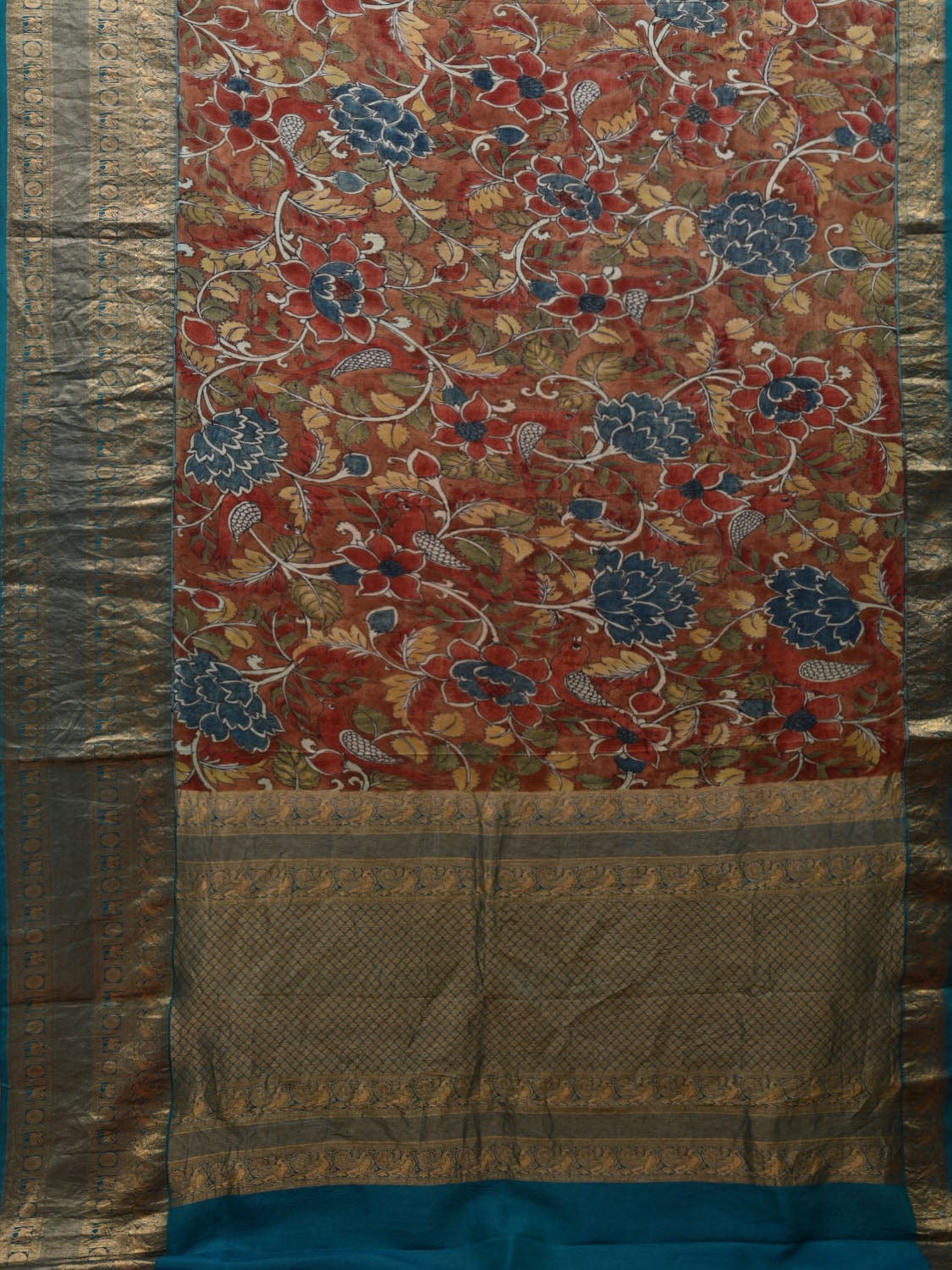 Red and Blue Kalamkari Hand Painted Kanchipuram Silk Handloom Saree with Floral Design KL0640