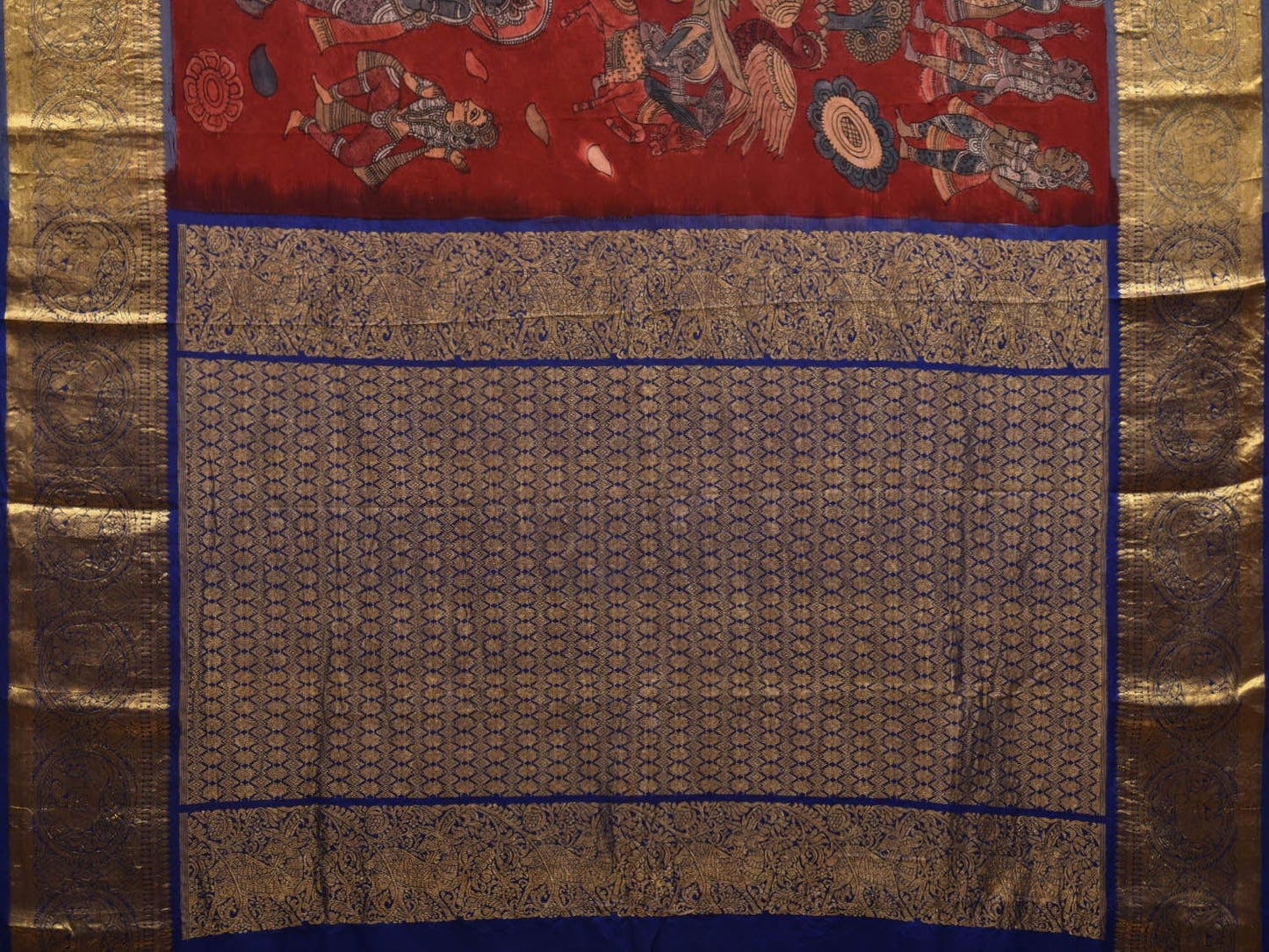 Red and Blue Kalamkari Hand Painted Kanchipuram Silk Handloom Saree with Mythological Design KL0589