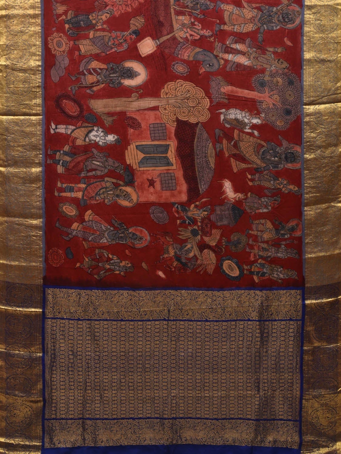 Red and Blue Kalamkari Hand Painted Kanchipuram Silk Handloom Saree with Mythological Design KL0589