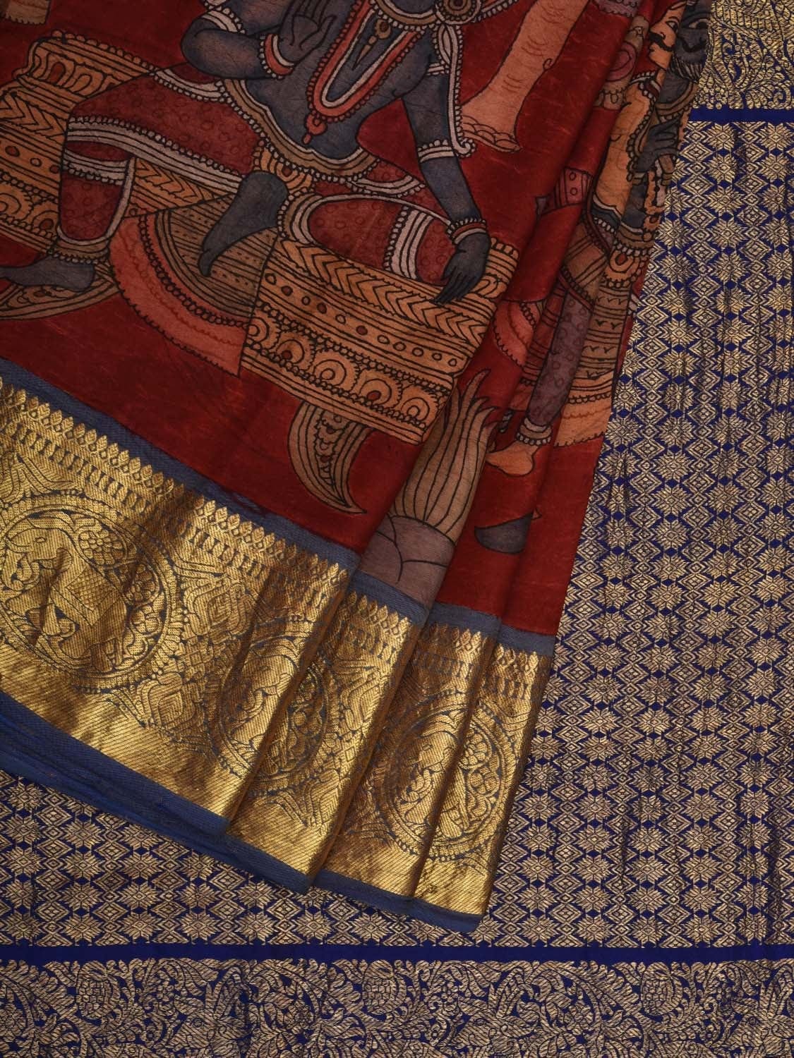 Red and Blue Kalamkari Hand Painted Kanchipuram Silk Handloom Saree with Mythological Design KL0589
