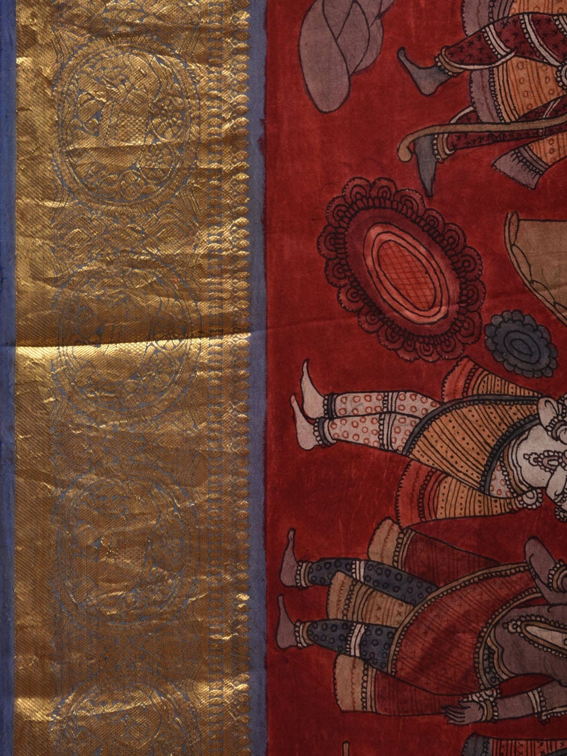 Red and Blue Kalamkari Hand Painted Kanchipuram Silk Handloom Saree with Mythological Design KL0589