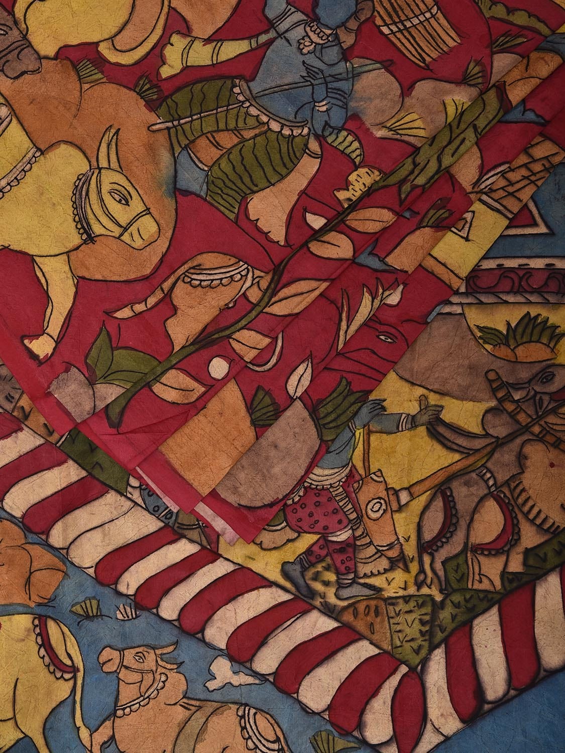 Red and Blue Kalamkari Hand Painted Silk Handloom Saree with Village Theme Design kl0790