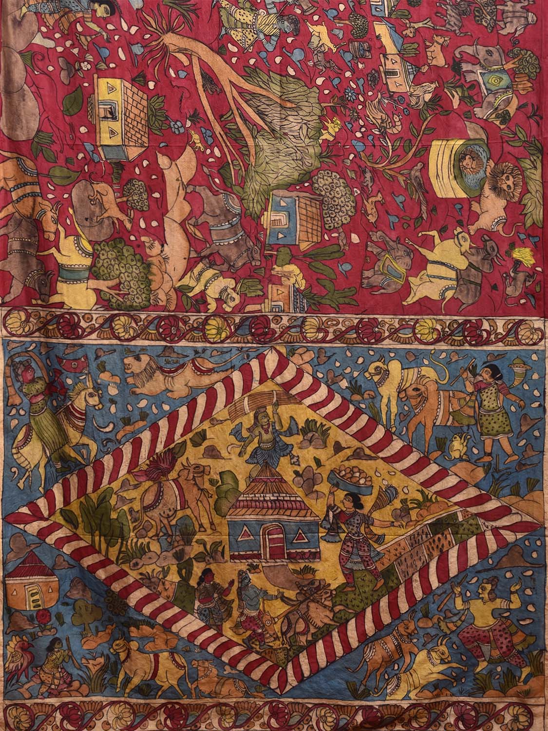 Red and Blue Kalamkari Hand Painted Silk Handloom Saree with Village Theme Design kl0790