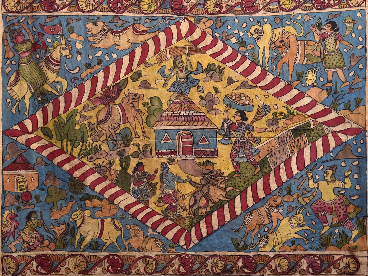 Red and Blue Kalamkari Hand Painted Silk Handloom Saree with Village Theme Design kl0790