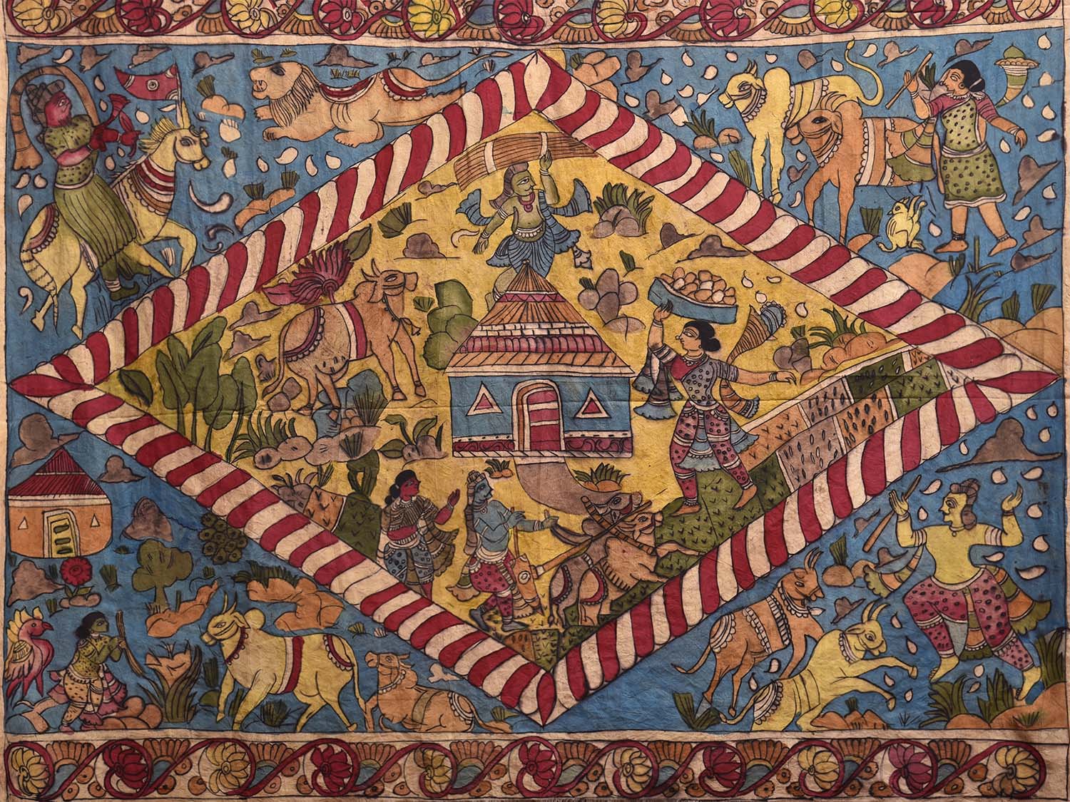 Red and Blue Kalamkari Hand Painted Silk Handloom Saree with Village Theme Design kl0790