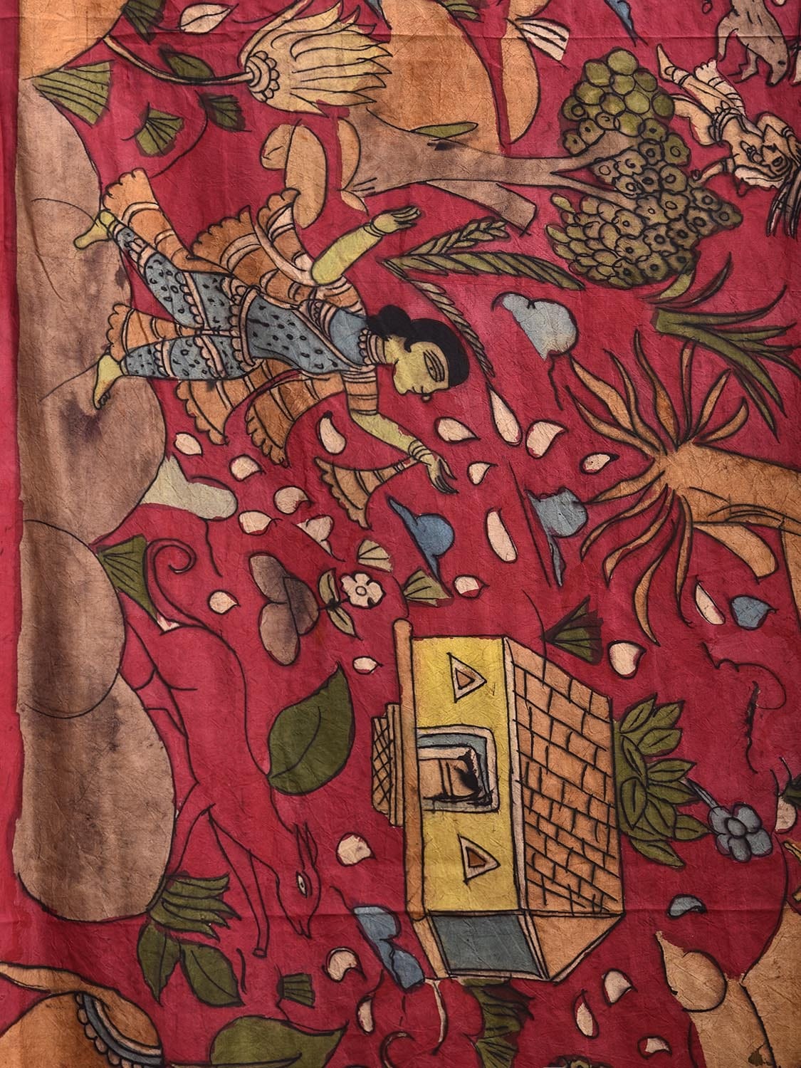 Red and Blue Kalamkari Hand Painted Silk Handloom Saree with Village Theme Design kl0790