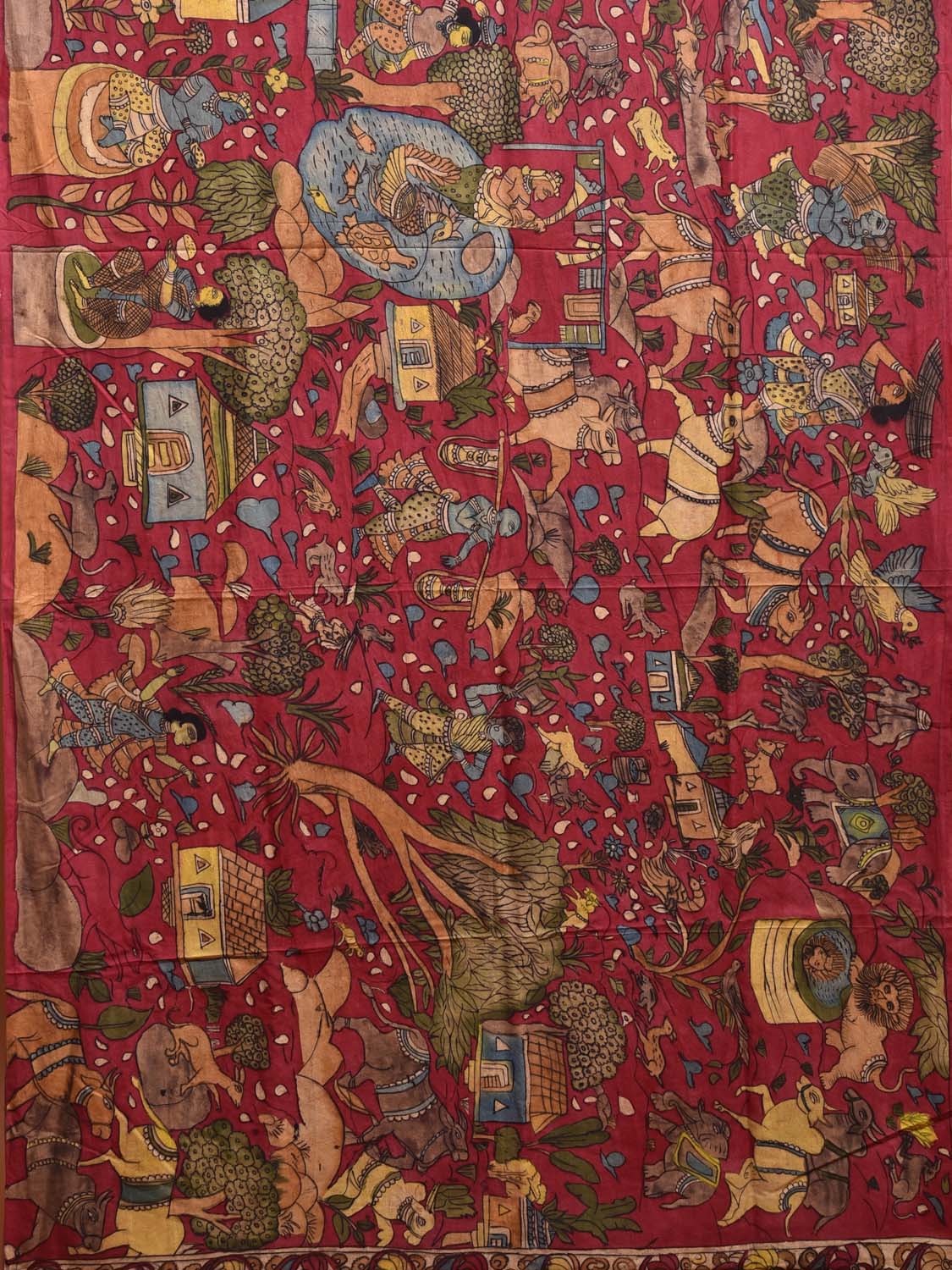 Red and Blue Kalamkari Hand Painted Silk Handloom Saree with Village Theme Design kl0790