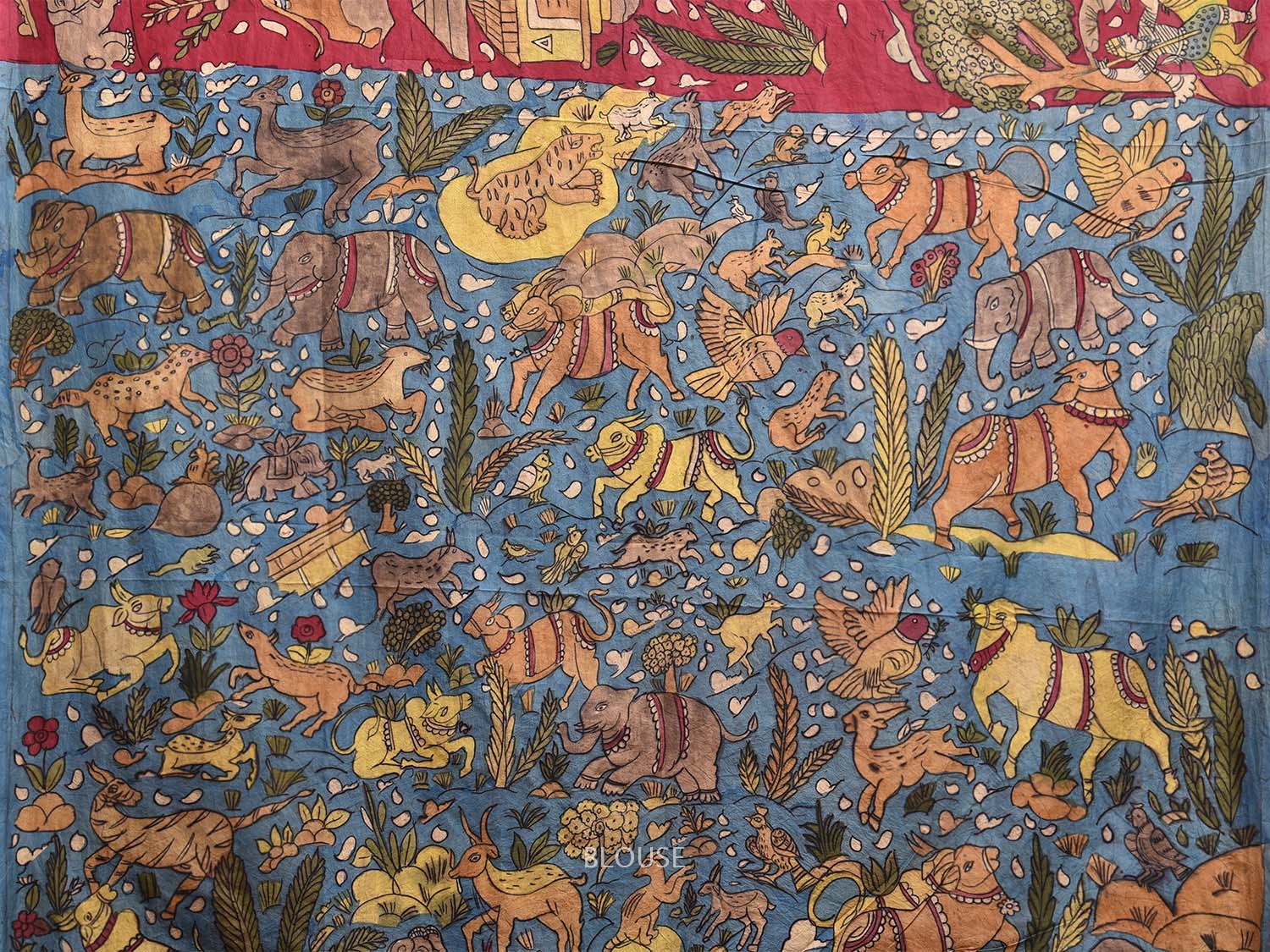 Red and Blue Kalamkari Hand Painted Silk Handloom Saree with Village Theme Design kl0790