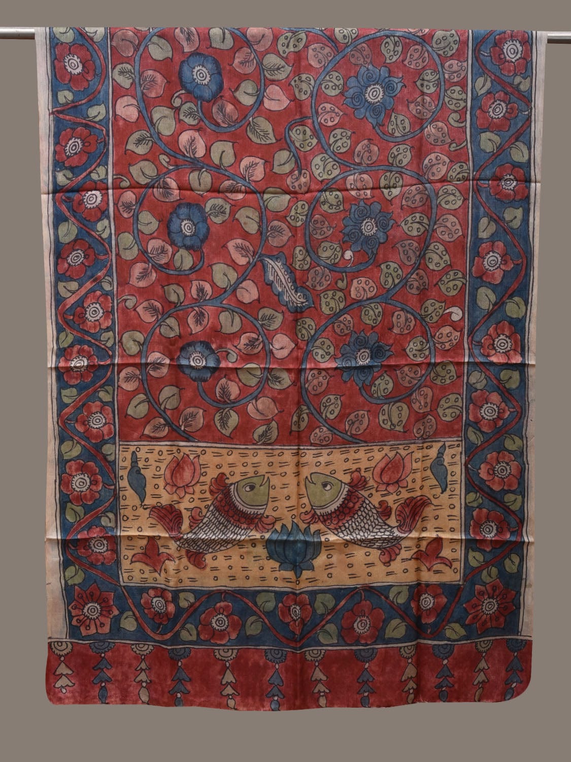 Red and Blue Kalamkari Hand Painted Tussar Handloom Dupatta with Floral and Fishes Design ds2773