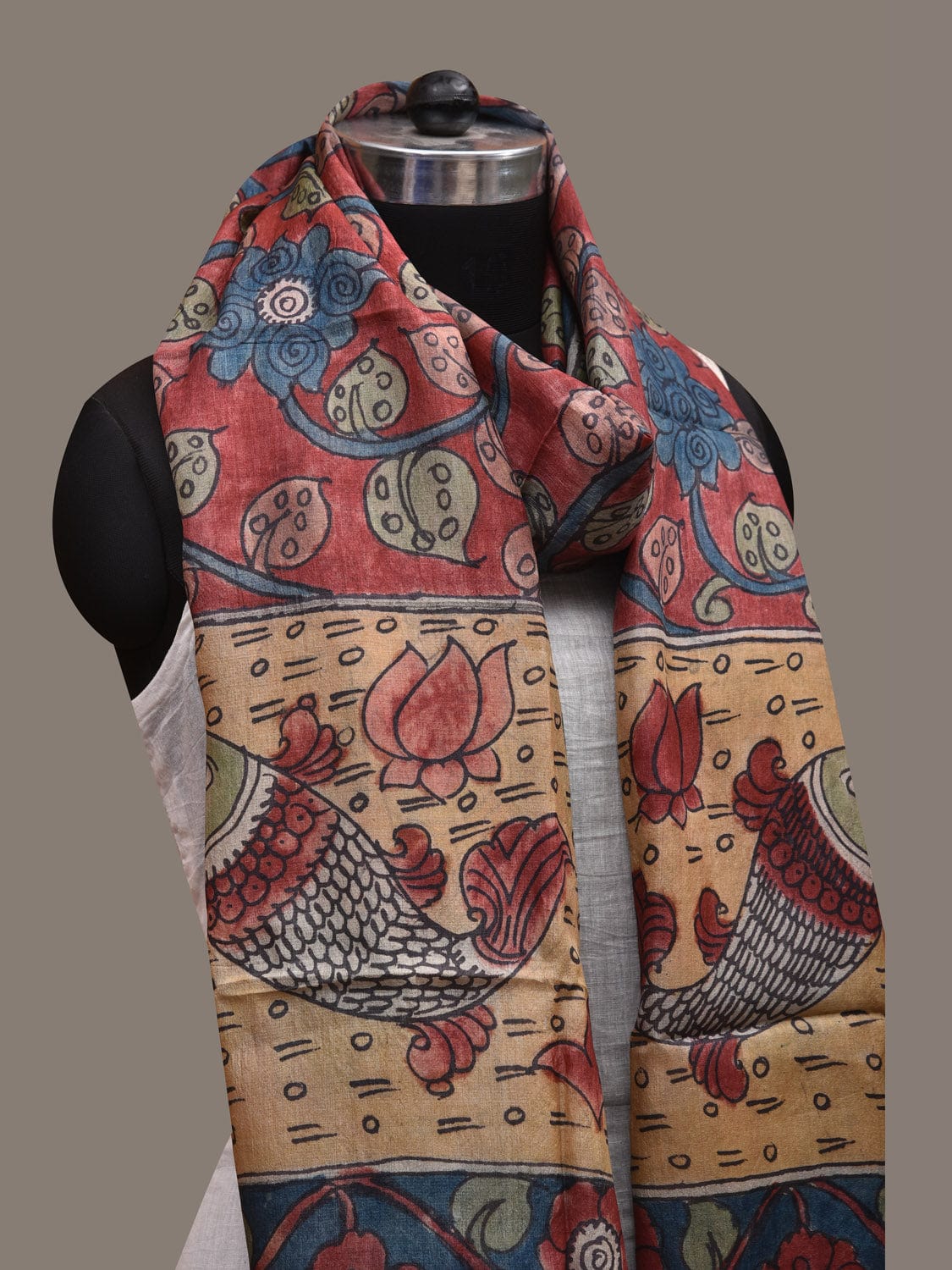 Red and Blue Kalamkari Hand Painted Tussar Handloom Dupatta with Floral and Fishes Design ds2773