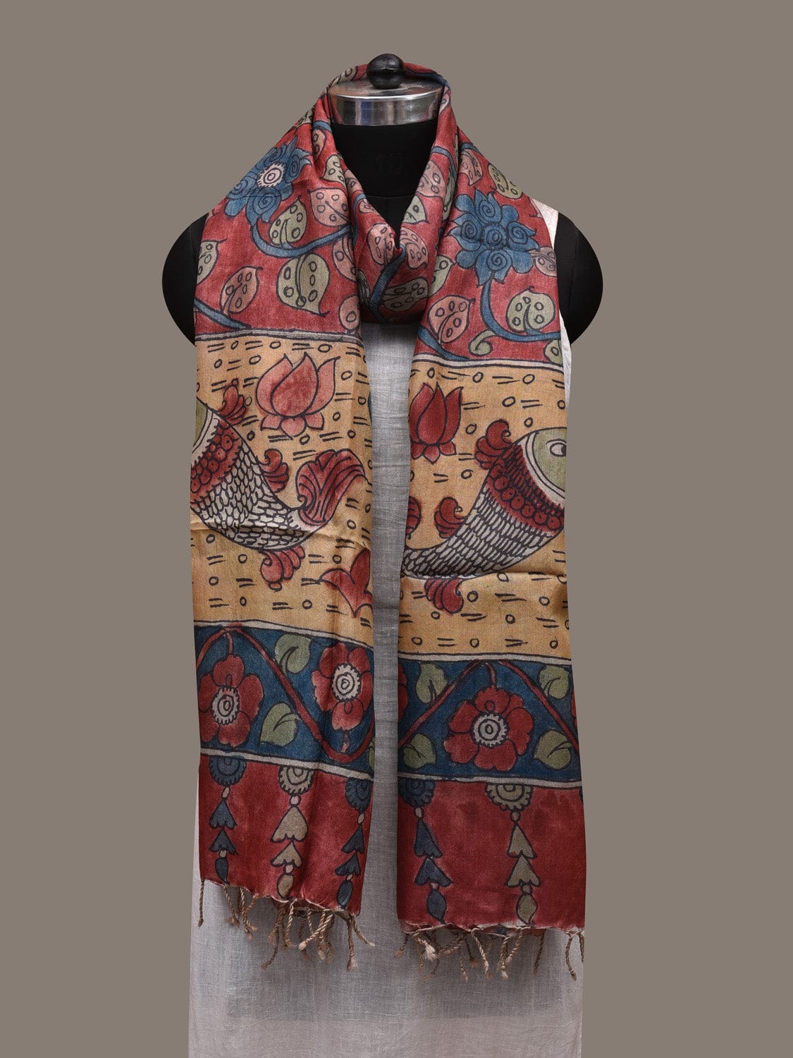 Red and Blue Kalamkari Hand Painted Tussar Handloom Dupatta with Floral and Fishes Design ds2773
