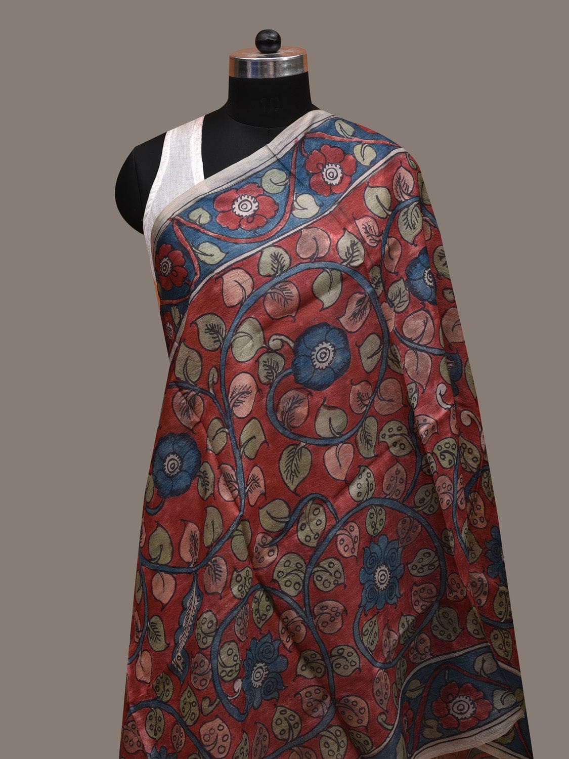 Red and Blue Kalamkari Hand Painted Tussar Handloom Dupatta with Floral and Fishes Design ds2773