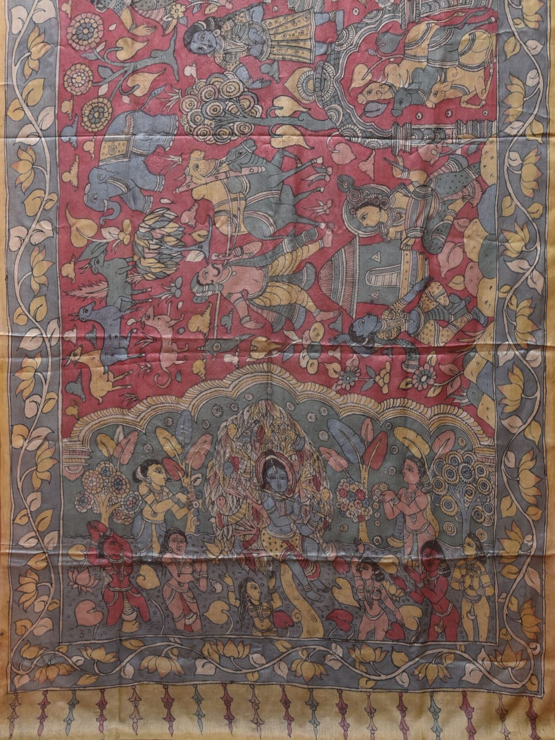Red and Blue Kalamkari Hand Painted Tussar Handloom Saree with Krishna Design KL0761