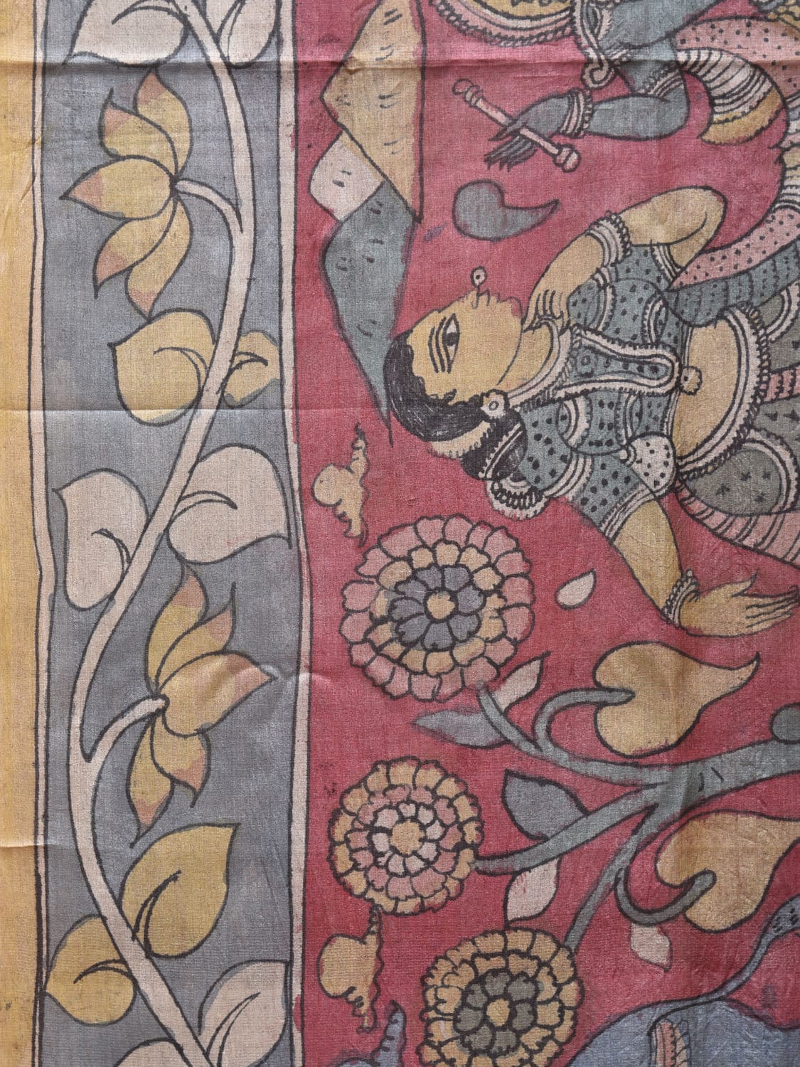 Red and Blue Kalamkari Hand Painted Tussar Handloom Saree with Krishna Design KL0761