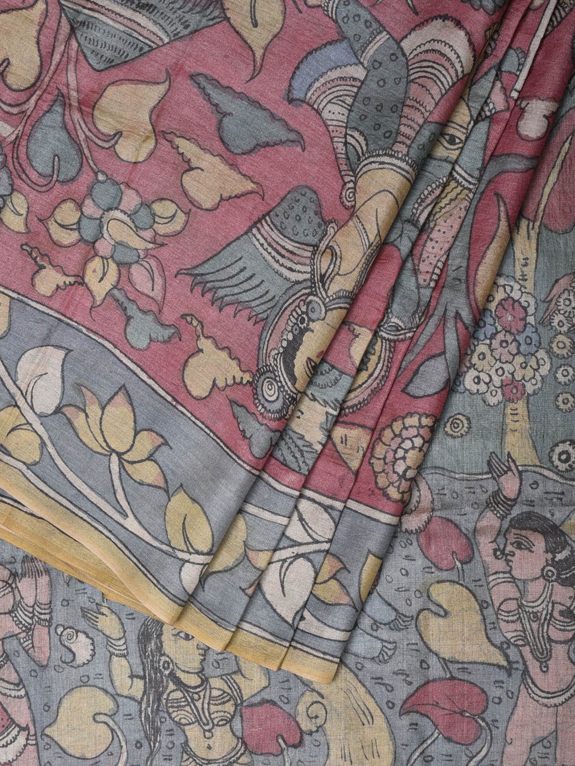 Red and Blue Kalamkari Hand Painted Tussar Handloom Saree with Krishna Design KL0761