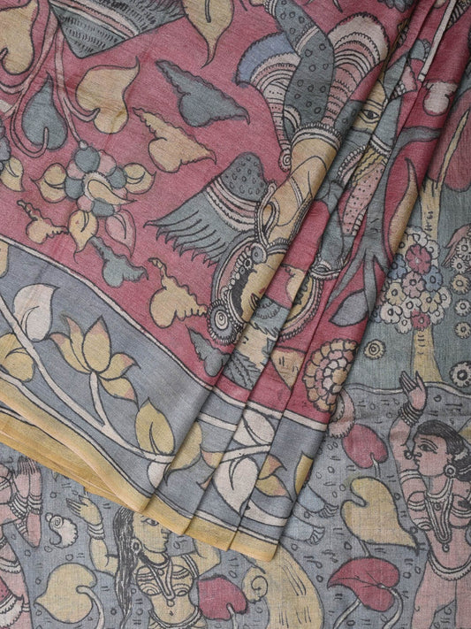 Red and Blue Kalamkari Hand Painted Tussar Handloom Saree with Krishna Design KL0761