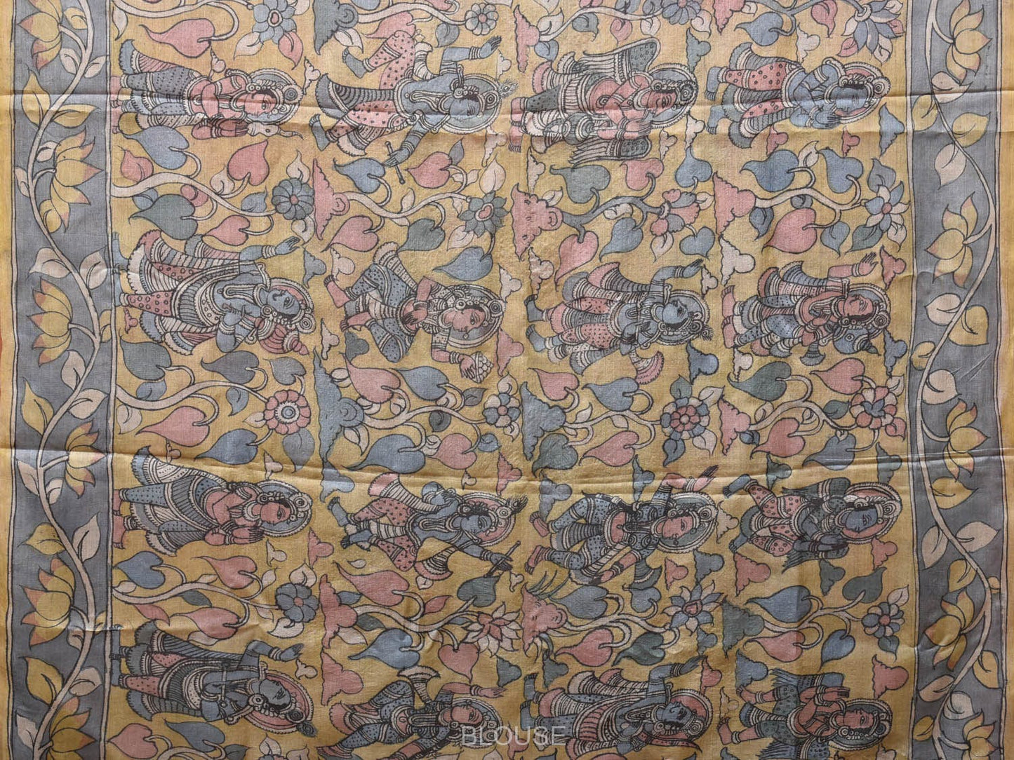 Red and Blue Kalamkari Hand Painted Tussar Handloom Saree with Krishna Design KL0761