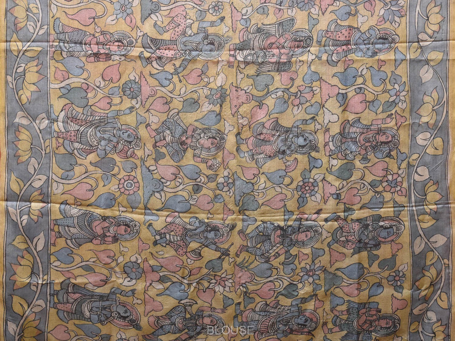 Red and Blue Kalamkari Hand Painted Tussar Handloom Saree with Krishna Design KL0761