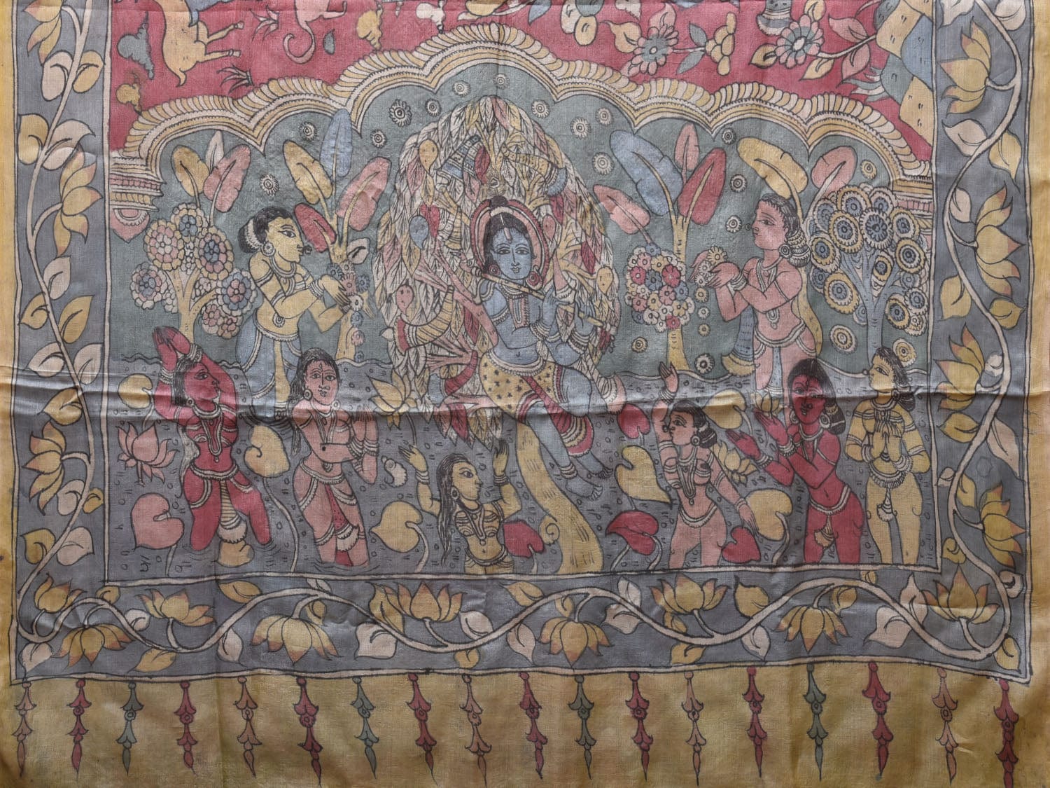 Red and Blue Kalamkari Hand Painted Tussar Handloom Saree with Krishna Design KL0761