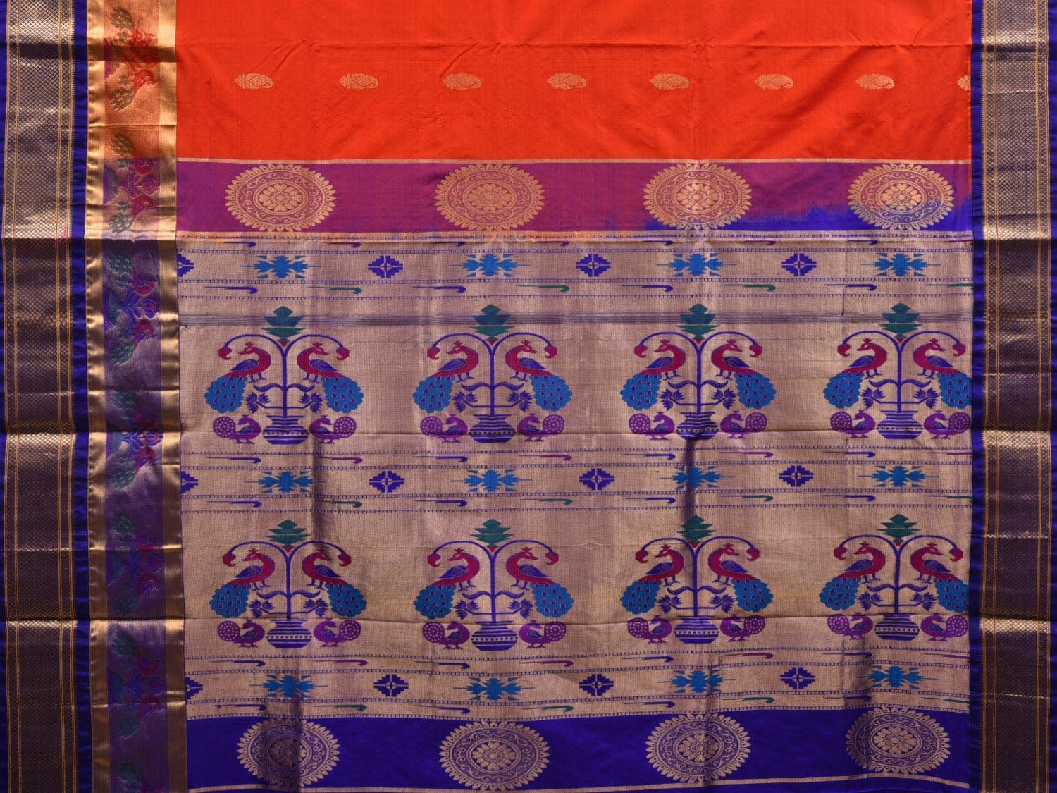 Red and Blue Paithani Silk Handloom Saree with Border and Body Buta Design p0426