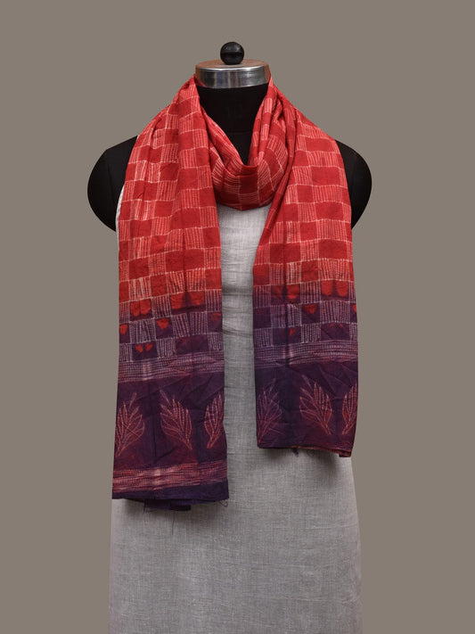 Red and Blue Shibori Cotton Handloom Stole with Checks Design ds2943