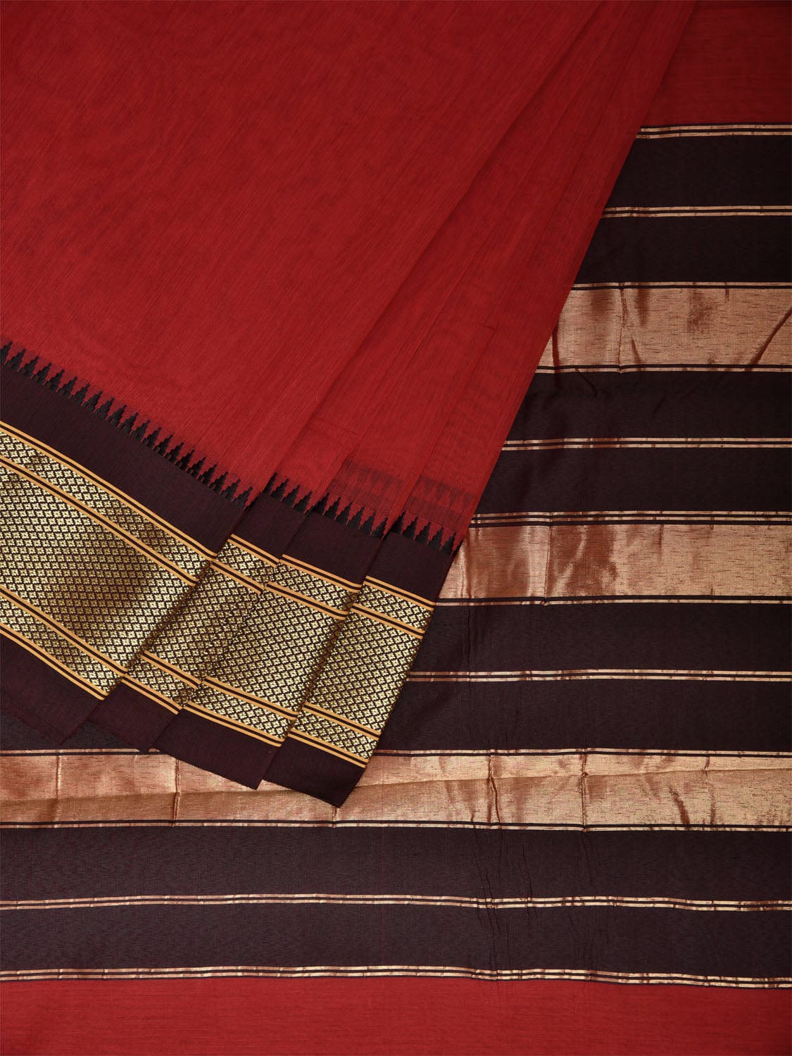 Red and Brown Bamboo Cotton Plain Saree with Contrast Pallu Design No Blouse bc0802