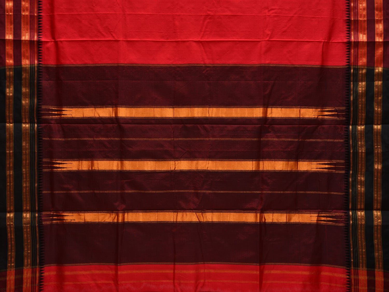 Red and Brown Narayanpet Silk Plain Saree with Traditional Border Design No Blouse np0501